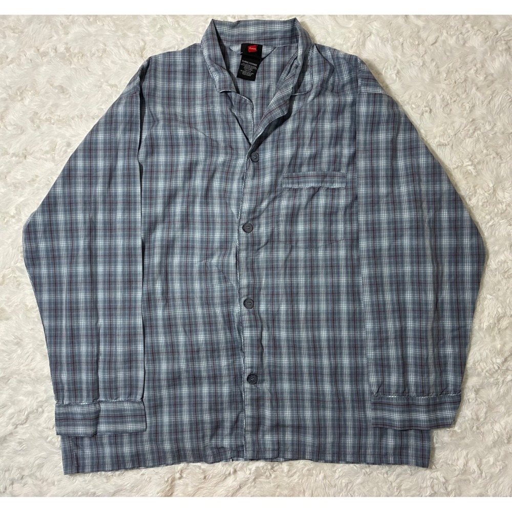 Hanes Mens XL Blue Plaid Pajama Set Long Sleeve Button Down Sleep Set Vintage
